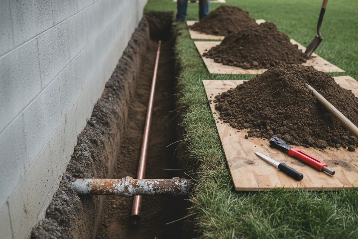 Excavated water line trench during Water Softener Installation in Markle